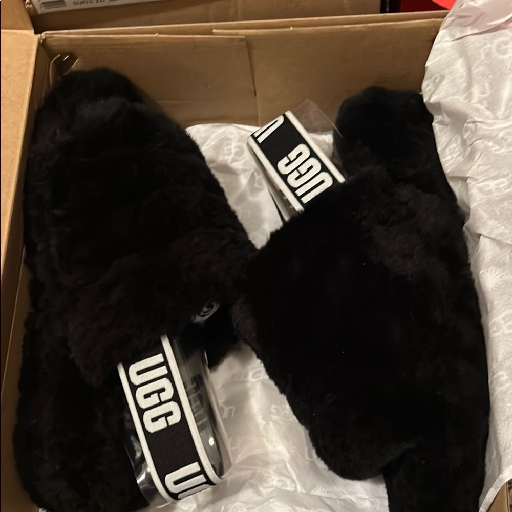 UGG Black Fluffy Slippers